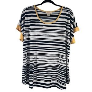 Diana Belle Navy White Striped Top 1X Mustard Trim Stretch Short Sleeve